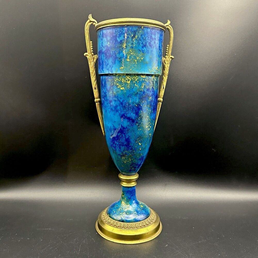 Paul Milet Millet Attributed Sevres Art Deco Blue Flambe Gilt Bronze Vase 11.5”